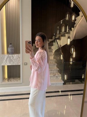 Pembe Oversize Transparan Tensel Gömlek - 4914