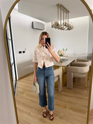 Pembe Puantiyeli Kısa Kollu Crop Ceket- 