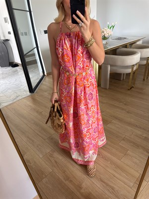 Pembe-Turuncu Etnik Desenli Boyundan Bağlamalı-2253