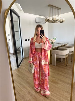 Pembe-Turuncu Etnik Desenli İkili Kimono -Pantolon Takım 