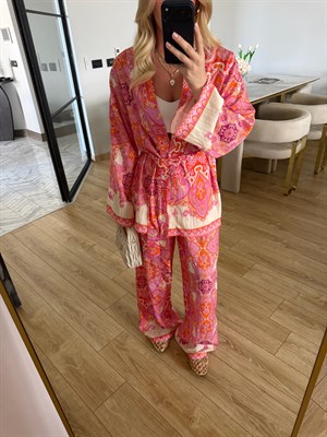 Pembe-Turuncu Etnik Desenli İkili Kimono -Pantolon Takım 