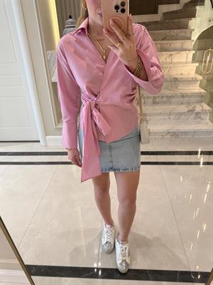 Pembe  Yandan Bağlamalı Poplin Gömlek-QZ