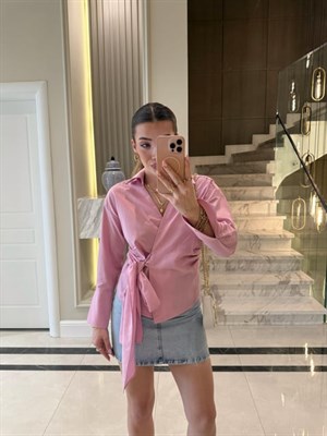 Pembe Yandan Bağlamalı Poplin 0130 Gömlek-QZ