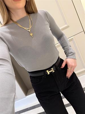 QS Gri Bisiklet Yaka Transparan Bluz - 241025