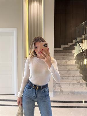 QS Optik Beyaz Bisiklet Yaka Transparan Bluz 