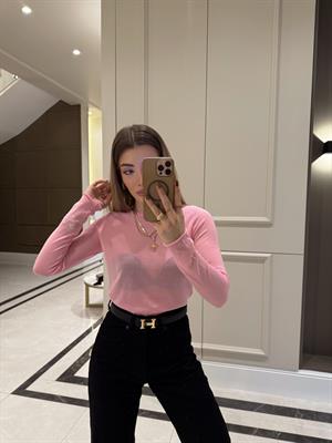 QS Pembe Bisiklet Yaka Transparan Bluz - 241025