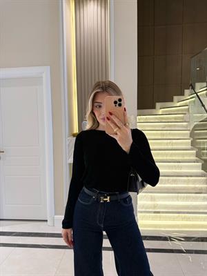 QS Siyah Bisiklet Yaka Transparan Bluz - 241025