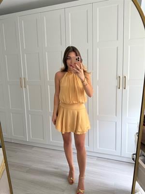 Sarı Altı Volanlı Halter Yakalı Mini Elbise 