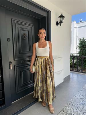 Sarı Batik Desen Saten Etek