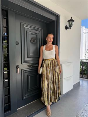 Sarı Batik Desen Saten Etek