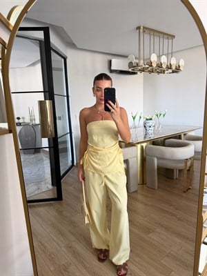Sarı Büzgülü Straplez Bluz-Pantolon Takım