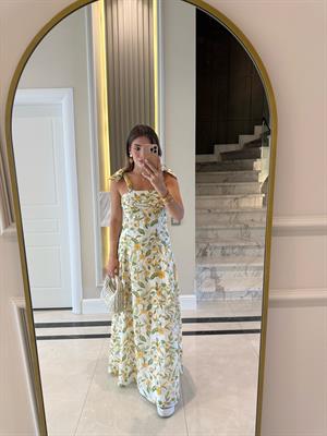 Sarı Çiçekli Keten Karışımlı Maxi Boy Elbise