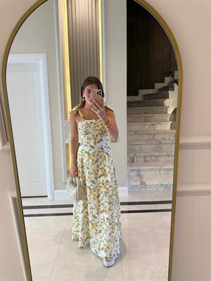 Sarı Çiçekli Keten Karışımlı Maxi Boy Elbise