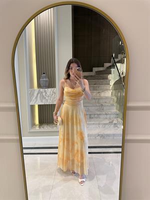 Sarı Daisy  Desenli İp Askılı Maxi Boy Elbise-