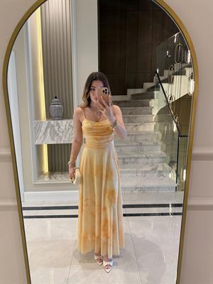 Sarı Daisy  Desenli İp Askılı Maxi Boy Elbise-