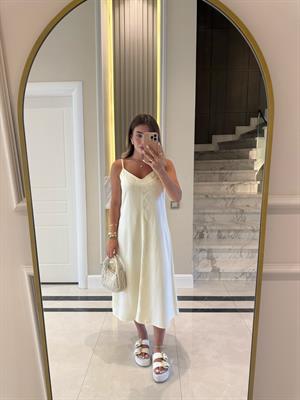 Sarı   İnce Askılı Parçaboya Denim Elbise-90562