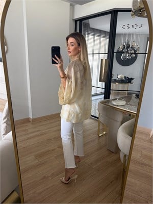 Sarı İp Bağcıklı Brodeli Gömlek - 5096