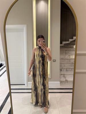 Sarı-Kahve Batik Desenli Halter Yakalı Elbise 