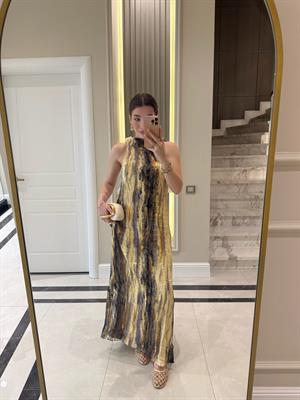 Sarı-Kahve Batik Desenli Halter Yakalı Elbise 