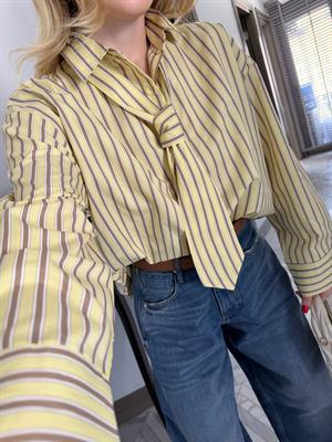 Sarı-Kahve  Kravatlı Çizgili Gömlek-1007