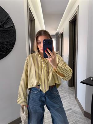 Sarı-Kahve  Kravatlı Çizgili Gömlek-1007