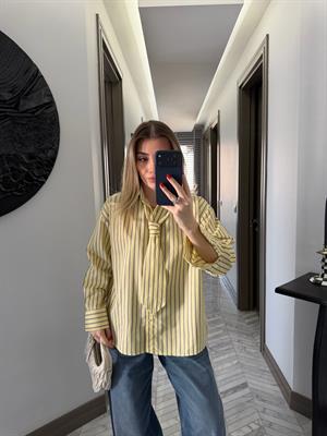 Sarı-Kahve  Kravatlı Çizgili Gömlek-1007