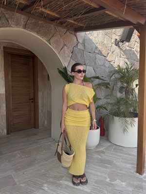 Sarı Kendinden Dokulu Drape Detaylı İkili Takım