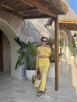 Sarı Kendinden Dokulu Drape Detaylı İkili Takım