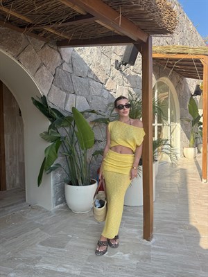 Sarı Kendinden Dokulu Drape Detaylı İkili Takım