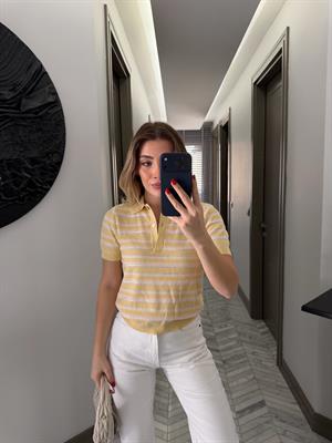 Sarı-Krem Polo Yaka triko Tişört-1094