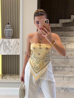 Sarı Saten Sırtı Bağlamalı Bluz 