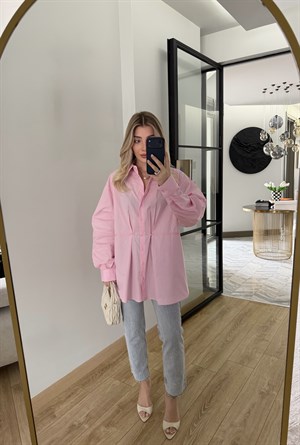 Şeker Pembe Belden Pileli Poplin Gömlek-5006