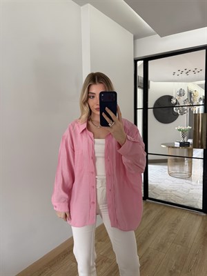 Şeker Pembe Düşük Omuzlu Oversize Tensel Gömlek-4612