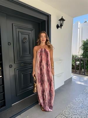 Sırt Detaylı Halter Yaka Saten Desenli Elbise - Pembe