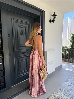 Sırt Detaylı Halter Yaka Saten Desenli Elbise - Pembe