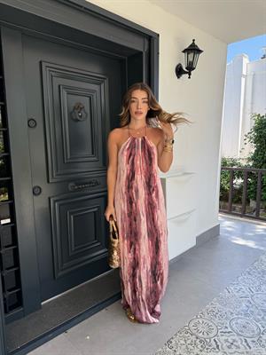 Sırt Detaylı Halter Yaka Saten Desenli Elbise - Pembe