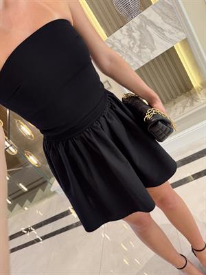 Siyah Alt Büzgülü Straplez Elbise -251026