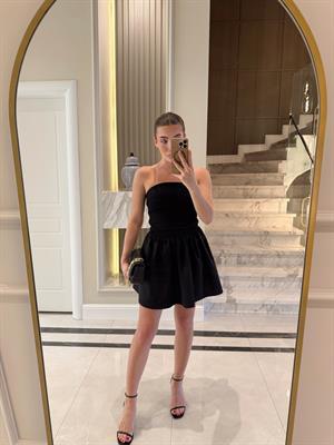 Siyah Alt Büzgülü Straplez Elbise -251026