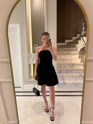 Siyah Alt Büzgülü Straplez Elbise -251026