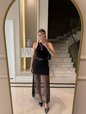 Siyah Altı Piliseli Tüllü Tasarım Etek-QS