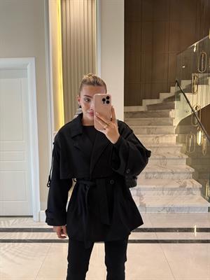 Siyah Apoletlı Oversize  Kısa Trenç-9582