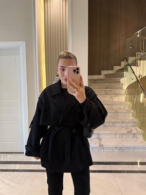 Siyah Apoletlı Oversize  Kısa Trenç-9582