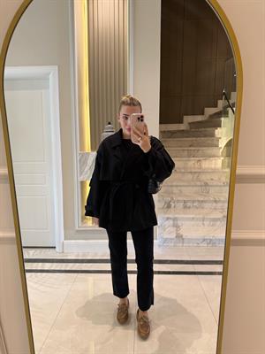Siyah Apoletlı Oversize  Kısa Trenç-9582