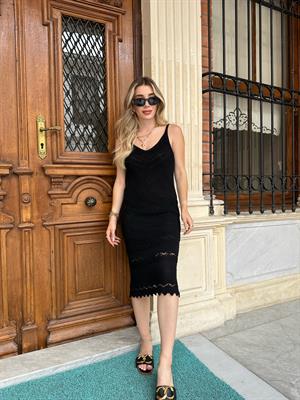 Siyah Askılı  Ajurlu Elbise