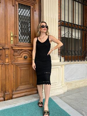 Siyah Askılı  Ajurlu Elbise