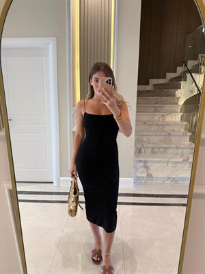 Siyah  Askılı Midi Elbise -91495