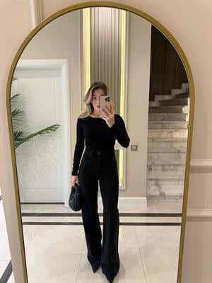 Siyah Baklava Desen Taşlı Wide Leg Jean 