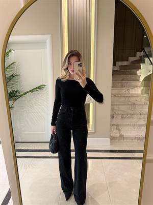 Siyah Baklava Desen Taşlı Wide Leg Jean 