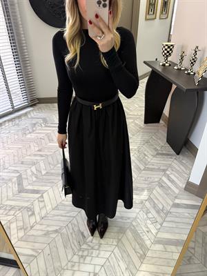 Siyah Beli Büzgü Detaylı Elbise-37041