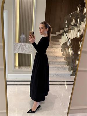 Siyah Beli Büzgü Detaylı Elbise-37041